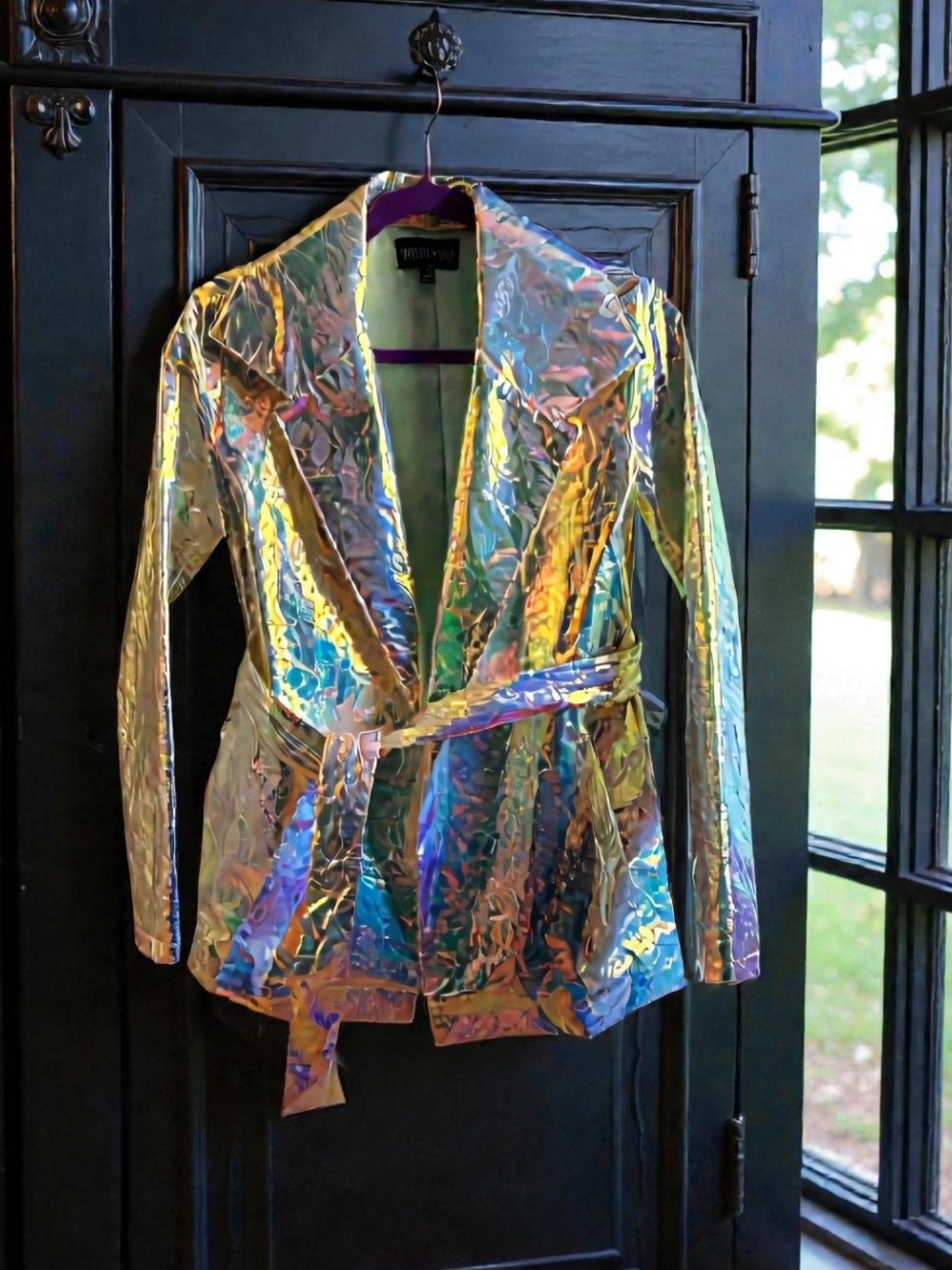 Current Mood Iridescent Holographic Unicorn Crinkle-Textured Jacket Belted Small